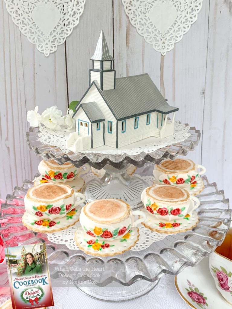 Elizabeth's Bridal Shower Teacup Meringue Cookies, When Calls the Heart, Hallmark Channel, WCTH, Hearties, #Hearties, When Calls the Heart Food and Party Ideas, Canadian Recipe Ideas, Best Canadian Desserts, Little House on The Prairie, Party Pinching, Norene Cox Author, Hope Valley, 
