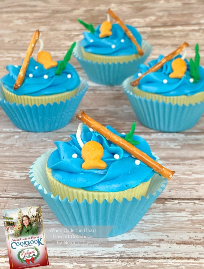 Allie's gone fishing cupcakes filled with gummy worms, When Calls the Heart, Hallmark Channel, WCTH, Hearties, #Hearties, When Calls the Heart Food and Party Ideas, Canadian Recipe Ideas, Best Canadian Desserts, Little House on The Prairie, Party Pinching, Norene Cox Author, Hope Valley, 

