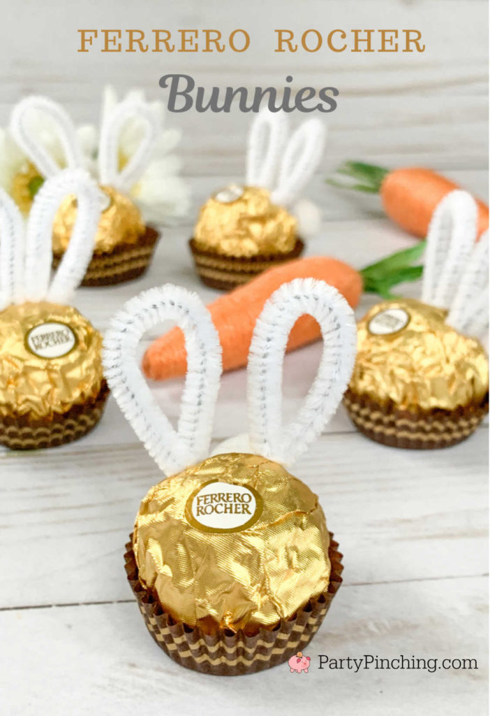 Ferrero Rocher bunnies, Ferrero Rocher Easter candy, cute Easter craft food ideas for kids, easy Easter craft food ideas, creative Easter basket ideas, Easter table decor, dollar tree general store craft DIY ideas