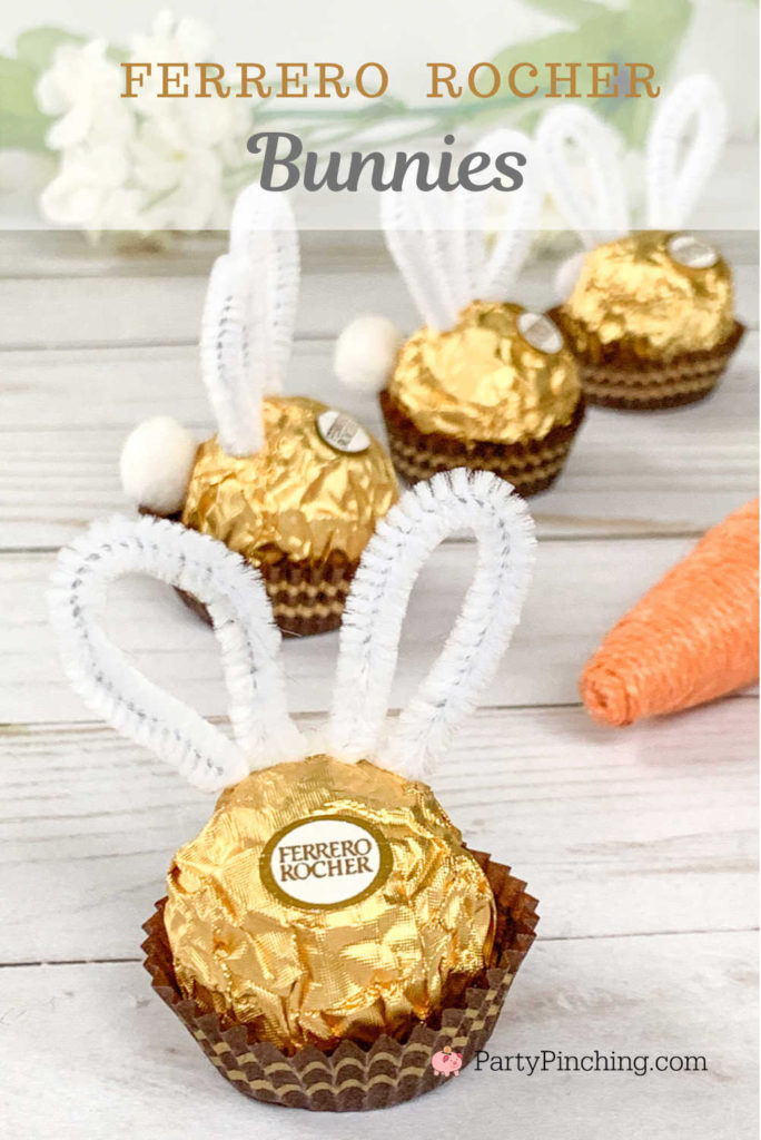 Ferrero Rocher bunnies, Ferrero Rocher Easter candy, cute Easter craft food ideas for kids, easy Easter craft food ideas, creative Easter basket ideas, Easter table decor, dollar tree general store craft DIY ideas