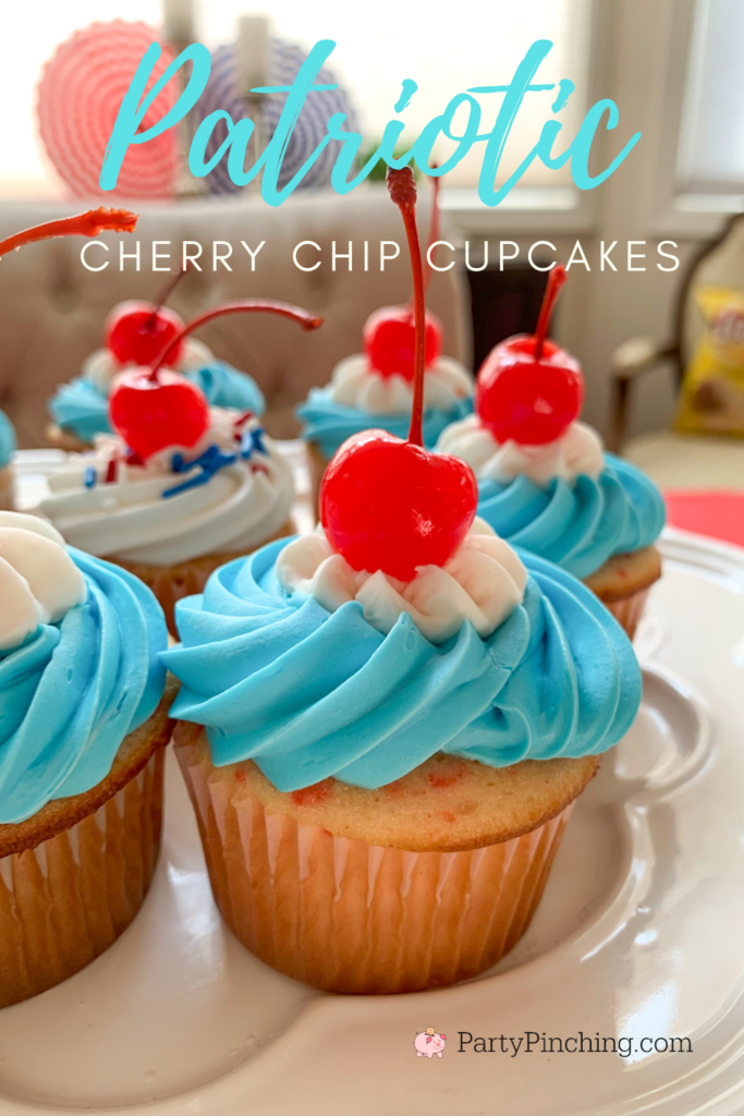 Patriotic Cherry Chip Cupcakes, best dessert recipes for the 4th of July Memorial Day picnics and parties, easiest potluck dessert, easy potluck picnic 4th of July dessert, best cherry cake cupcake, 