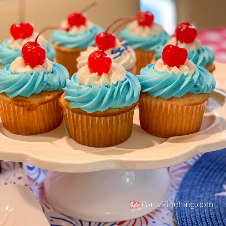Patriotic Cherry Chip Cupcakes, best dessert recipes for the 4th of July Memorial Day picnics and parties, easiest potluck dessert, easy potluck picnic 4th of July dessert, best cherry cake cupcake,