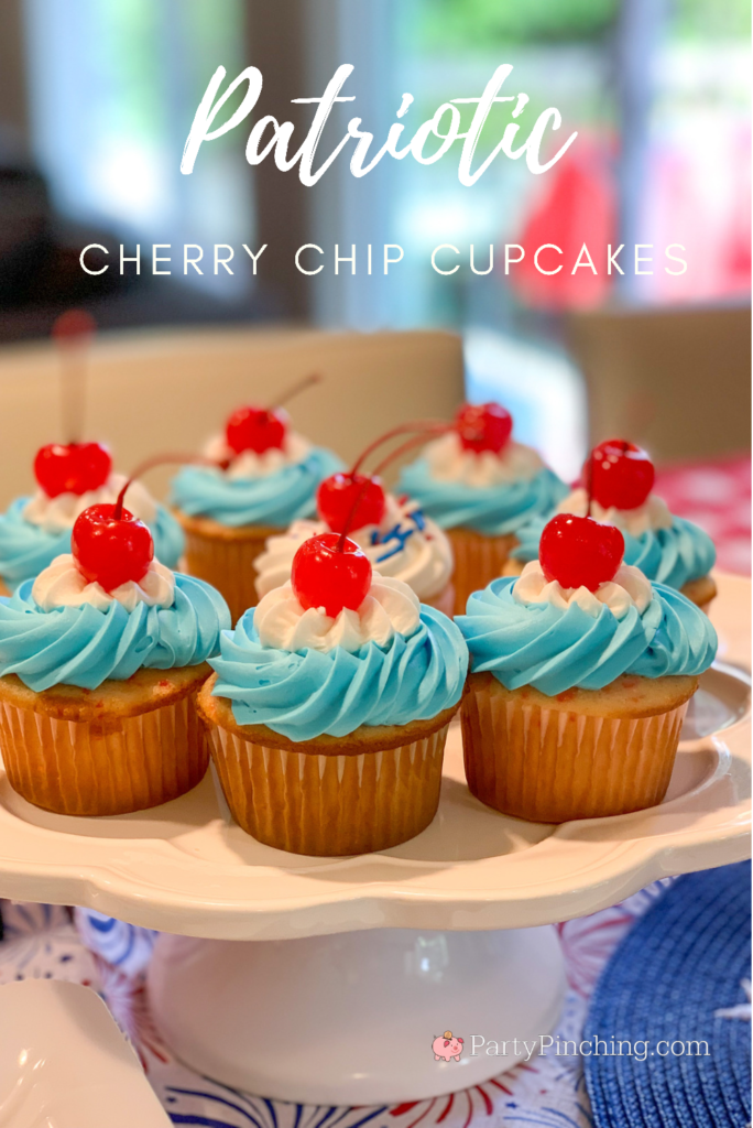 Patriotic Cherry Chip Cupcakes, best dessert recipes for the 4th of July Memorial Day picnics and parties, easiest potluck dessert, easy potluck picnic 4th of July dessert, best cherry cake cupcake, 