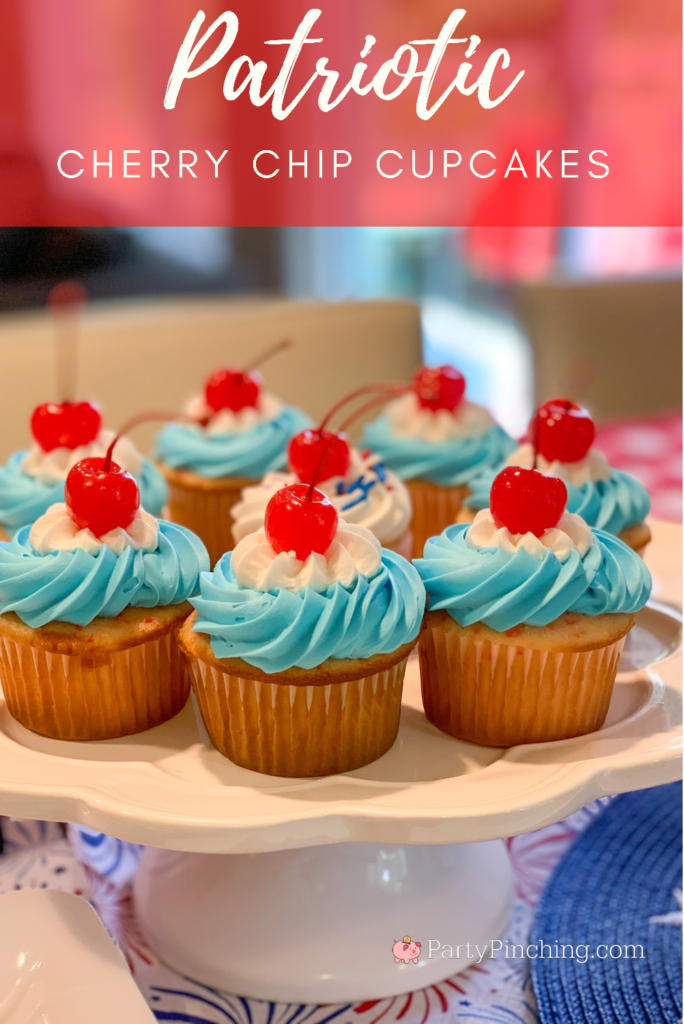 Patriotic Cherry Chip Cupcakes, best dessert recipes for the 4th of July Memorial Day picnics and parties, easiest potluck dessert, easy potluck picnic 4th of July dessert, best cherry cake cupcake, 