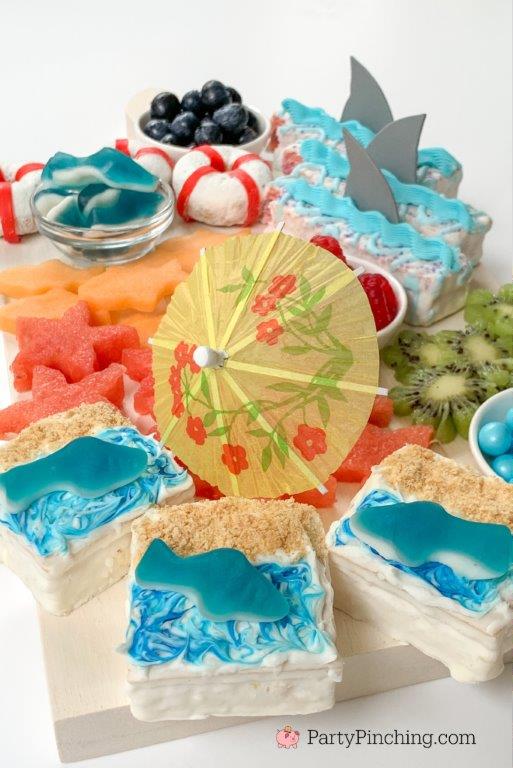 Shark-cuterie Board, best charcuterie board ideas for kids, best charcuterie board, cute charcuterie boards, best fruit trays, summer charcuterie, best summer charcuterie, shark week, shark fruit board, shark food, best shark party ideas, Little Debbie summer, Party Pinching