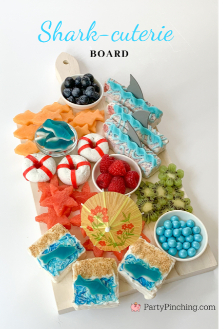 Shark-cuterie Board, best charcuterie board ideas for kids, best charcuterie board, cute charcuterie boards, best fruit trays, summer charcuterie, best summer charcuterie, shark week, shark fruit board, shark food, best shark party ideas, Little Debbie summer, Party Pinching, shark week food, shark week
