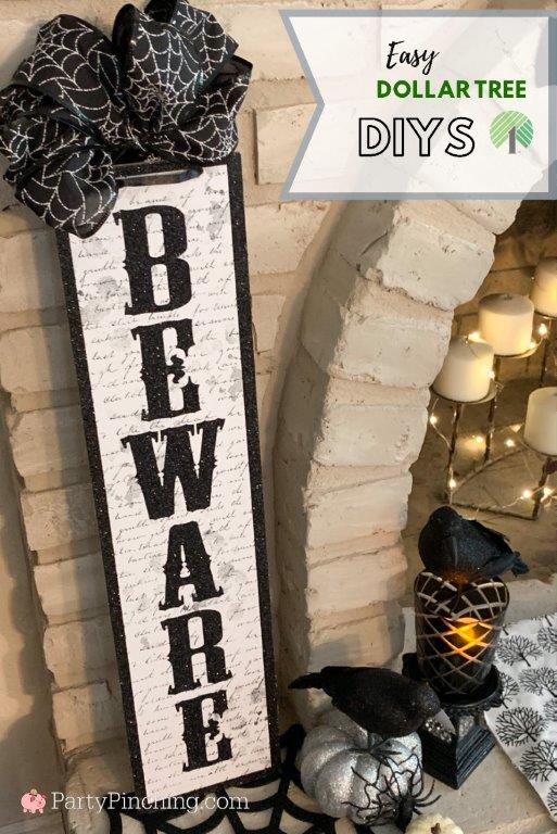 Dollar Tree Halloween DIY decorations, Dollar Tree Halloween craft decor, Best Dollar Tree crafts, best Dollar Tree decor ideas, Dollar store finds, best Dollar store ideas, Best Halloween ideas on a budget, High end Dollar Tree, Farmhouse Halloween Decor, best neutral Farmhouse Halloween ideas , beware sign