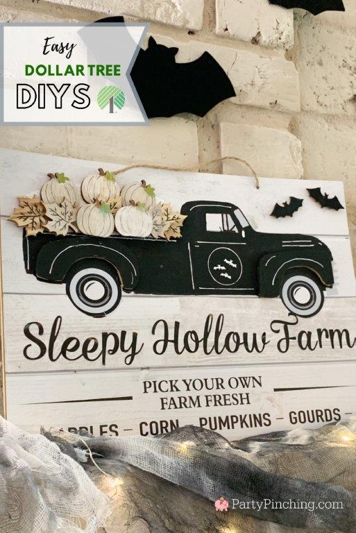 Dollar Tree Halloween DIY decorations, Dollar Tree Halloween craft decor, Best Dollar Tree crafts, best Dollar Tree decor ideas, Dollar store finds, best Dollar store ideas, Best Halloween ideas on a budget, High end Dollar Tree, Farmhouse Halloween Decor, best neutral Farmhouse Halloween ideas. black little red truck with pumpkins
