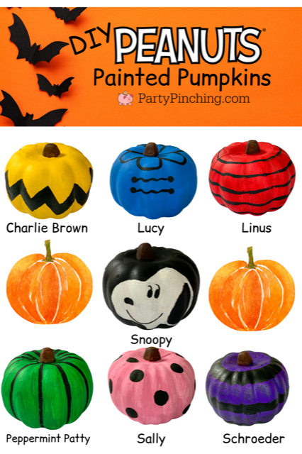 DIY Peanuts Gang painted pumpkins Dollar Tree craft Snoopy Charlie