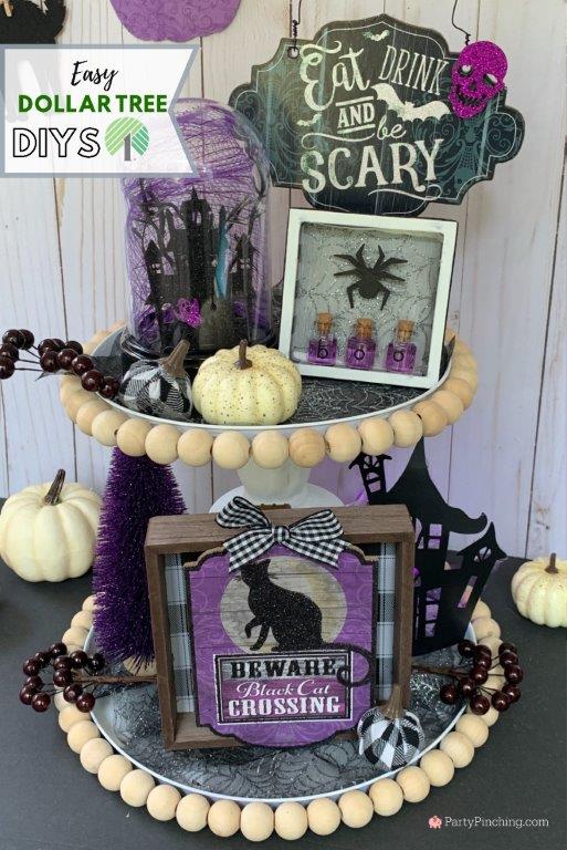 Dollar Tree DIY Halloween crafts, Dollar Tree Halloween, Dollar Tree Halloween decor, Dollar Tree farmhouse Halloween, Farmhouse Halloween, Dollar Tree tier tray, Dollar Tree halloween tier tray farmhouse, easy dollar tree dollar store crafts, high end dollar tree, purple and black Halloween