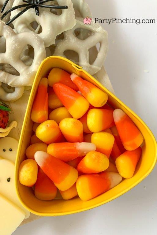 candy corn cookie cutter, halloween charcuterie, spook-cuterie board, best charcuterie board ideas, easy charcuterie board, charcuterie for kids, halloween partie ideas, easy best charcuterie board ideas, healthy charcuterie board for kids