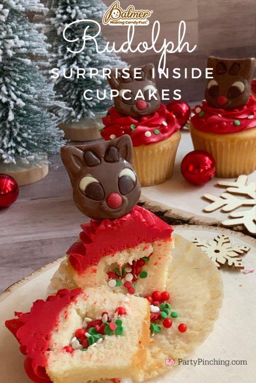 Rudolph Surprise Inside Cupcakes, Rudolph the red nosed reindeer cupcakes, Best Rudolph Christmas ideas, Best Christmas cupcake recipe, Best surprise inside cake recipe, Easy surprise inside kids cupcakes, Best Christmas cupcakes for kids, cute Christmas cupcakes,