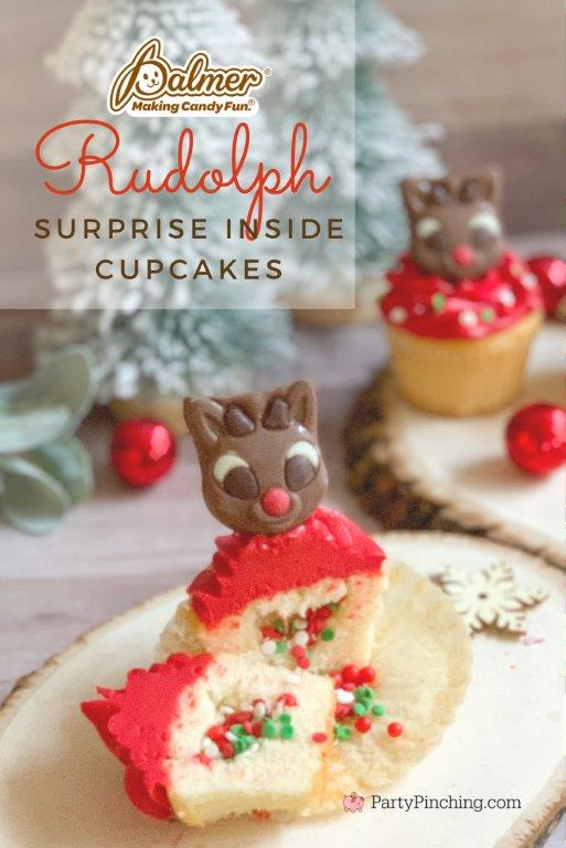 Rudolph Surprise Inside Cupcakes, Rudolph the red nosed reindeer cupcakes, Best Rudolph Christmas ideas, Best Christmas cupcake recipe, Best surprise inside cake recipe, Easy surprise inside kids cupcakes, Best Christmas cupcakes for kids, cute Christmas cupcakes,