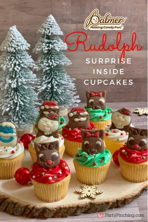 Rudolph Surprise Inside Cupcakes, Rudolph the red nosed reindeer cupcakes, Best Rudolph Christmas ideas, Best Christmas cupcake recipe, Best surprise inside cake recipe, Easy surprise inside kids cupcakes, Best Christmas cupcakes for kids, cute Christmas cupcakes,
