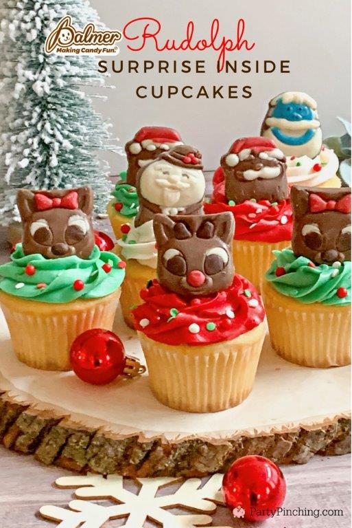 Rudolph Surprise Inside Cupcakes, Rudolph the red nosed reindeer cupcakes, Best Rudolph Christmas ideas, Best Christmas cupcake recipe, Best surprise inside cake recipe, Easy surprise inside kids cupcakes, Best Christmas cupcakes for kids, cute Christmas cupcakes,