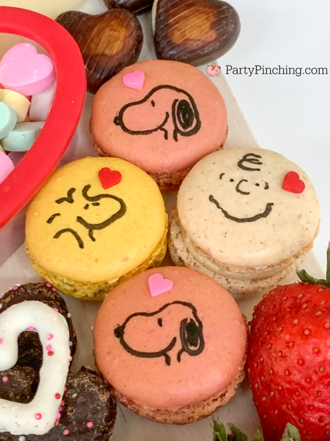 Valentine Charcuterie, best charcuterie ideas, Valentine treat ideas, cute charcuterie boards, heart charcuterie, heart treats, best kids valentine's day ideas, best valentine recipes, easy valentine recipes, easy charcuterie ideas, snoopy macarons, charlie brown macaron, woodstock macarons