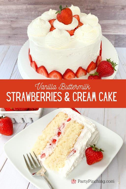 vanilla buttermilk strawberries and cream cake, best strawberry cake recipe, fresh strawberry cake recipe, easy strawberry cake, homemade strawberry cake, best  vanilla scratch cake recipe, best buttermilk cake, best strawberry dessert recipe, best summer cake