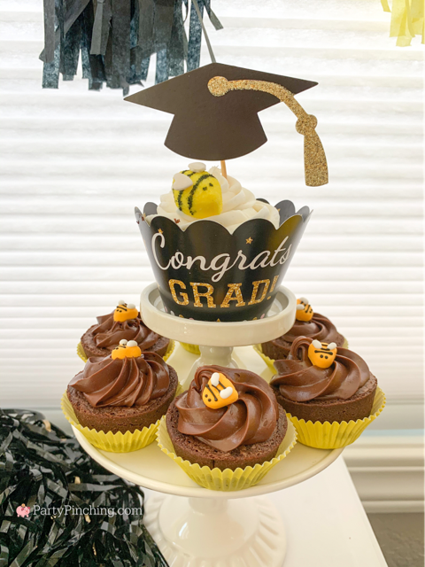 best graduation party open house ideas, best graduation food recipes ideas, best graduation gift ideas, school color graduation, mascot graduation, SCAD, Savannah College of Art & Design, gold and black grad, grad party ideas, best easy cheap grad party ideas, inexpensive grad party ideas, graduation cake, graduation food, grad cupcakes, graduation candy buffet,  best grad ideas, party pinching, ferrero rocher grad caps, mortar board ferrero rocher candy