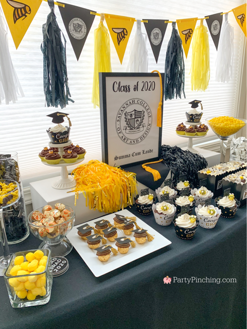 best graduation party open house ideas, best graduation food recipes ideas, best graduation gift ideas, school color graduation, mascot graduation, SCAD, Savannah College of Art & Design, gold and black grad, grad party ideas, best easy cheap grad party ideas, inexpensive grad party ideas, graduation cake, graduation food, grad cupcakes, graduation candy buffet,  best grad ideas, party pinching, ferrero rocher grad caps, mortar board ferrero rocher candy