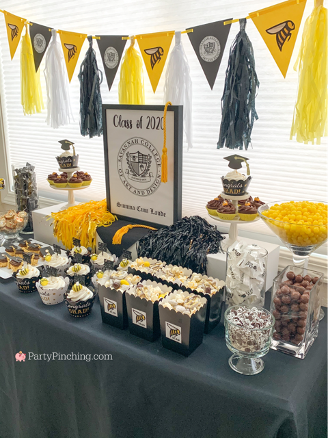 best graduation party open house ideas, best graduation food recipes ideas, best graduation gift ideas, school color graduation, mascot graduation, SCAD, Savannah College of Art & Design, gold and black grad, grad party ideas, best easy cheap grad party ideas, inexpensive grad party ideas, graduation cake, graduation food, grad cupcakes, graduation candy buffet,  best grad ideas, party pinching, ferrero rocher grad caps, mortar board ferrero rocher candy