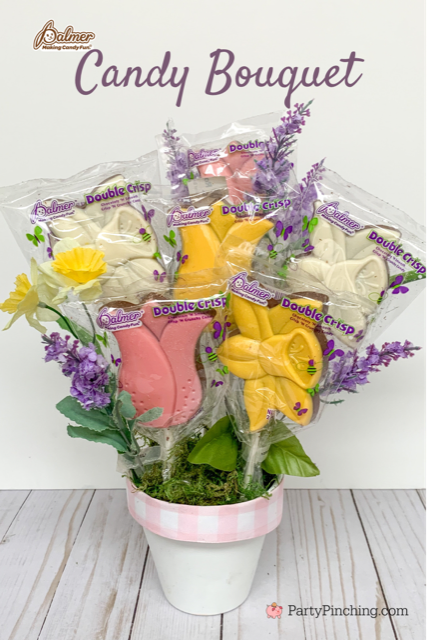 Candy Bouquet, candy flowers, DIY candy flower arrangement for Easter or Mother's day, best Easter table centerpiece ideas, best mother's day gift ideas, best Dollar Tree craft ideas for easter, dollar tree crafts, high end dollar tree crafts