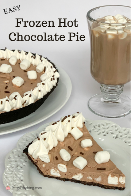 frozen hot chocolate pie, frozen hot cocoa pie, best frozen hot chocolate recipe, best hot chocolate marshmallow recipe, best potluck recipe, best hot chocolate pie recipe, best chistmas dessert idea, best winter dessert recipe, best summer pie recipe