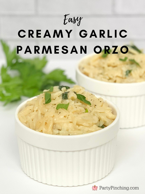 creamy garlic parmesan orzo, best side dish recipe for chicken fish seafood, best orzo recipe, best cheese spinach orzo recipe, best garlic orzo recipe, best pasta side dish