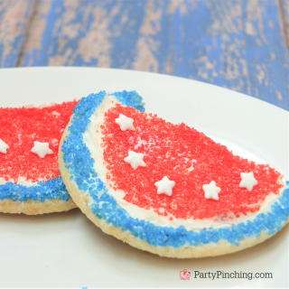 red white and blue watermelon cookies, easy cookies for the 4th of july, best 4th of july memorial day recipes dessert ideas, easy 4th of july memorial day picnic potluck recipe ideas