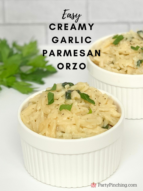 creamy garlic parmesan orzo, best side dish recipe for chicken fish seafood, best orzo recipe, best cheese spinach orzo recipe, best garlic orzo recipe, best pasta side dish