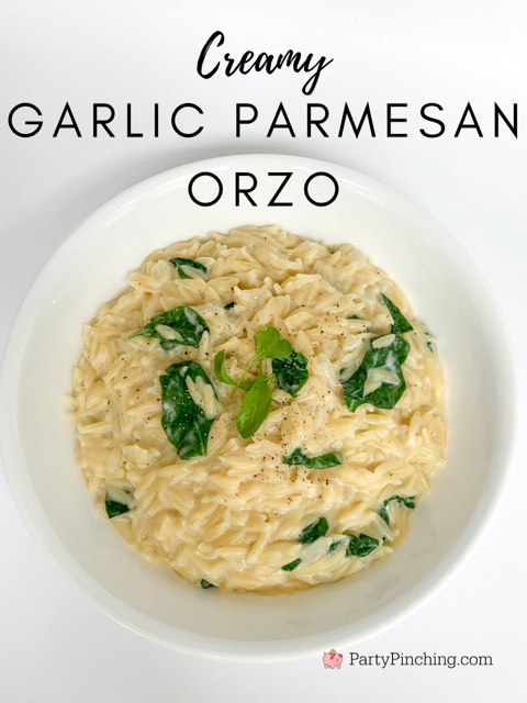 creamy garlic parmesan orzo, best side dish recipe for chicken fish seafood, best orzo recipe, best cheese spinach orzo recipe, best garlic orzo recipe, best pasta side dish