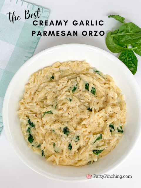 creamy garlic parmesan orzo, best side dish recipe for chicken fish seafood, best orzo recipe, best cheese spinach orzo recipe, best garlic orzo recipe, best pasta side dish