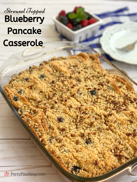 blueberry pancake casserole, easy brunch ideas, best easy easter brunch, best pancake casserole recipe, best Christmas morning casserole, night before casserole, best casserole ever, blueberry recipe, best Easter recipes