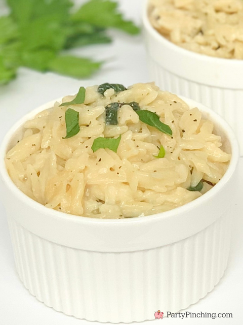 creamy garlic parmesan orzo, best side dish recipe for chicken fish seafood, best orzo recipe, best cheese spinach orzo recipe, best garlic orzo recipe, best pasta side dish