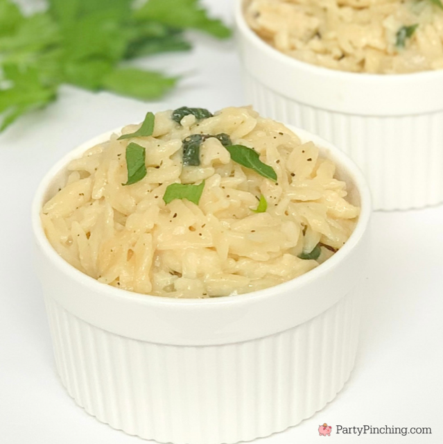 creamy garlic parmesan orzo, best side dish recipe for chicken fish seafood, best orzo recipe, best cheese spinach orzo recipe, best garlic orzo recipe, best pasta side dish