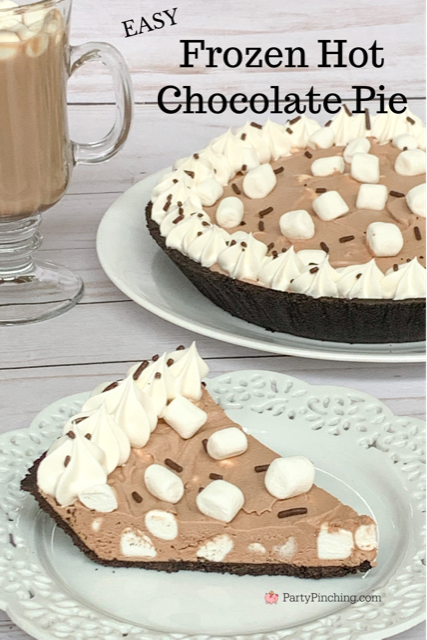 frozen hot chocolate pie, frozen hot cocoa pie, best frozen hot chocolate recipe, best hot chocolate marshmallow recipe, best potluck recipe, best hot chocolate pie recipe, best chistmas dessert idea, best winter dessert recipe, best summer pie recipe