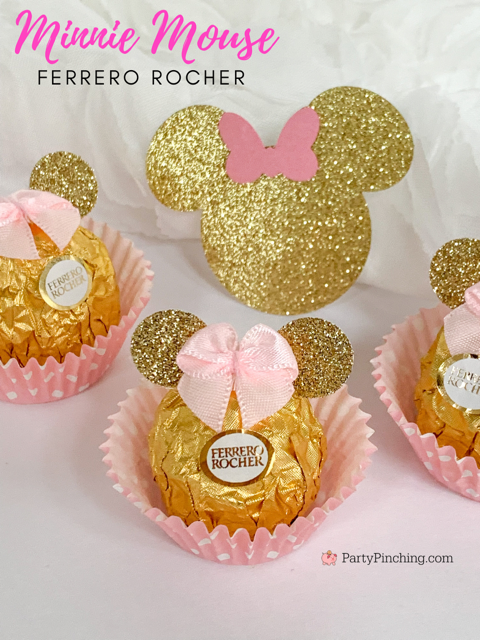 Minnie Mouse Ferrero Rocher candy, pink gold Minnie Mouse party, Minnie mouse baby shower theme pink gold, Minnie mouse birthday pink gold, Minnie mouse first birthday, best baby shower ideas, best minnie mouse treat ideas