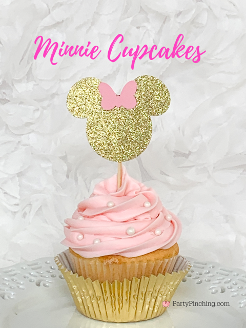 Minnie Mouse cupcakes, Minnie Mouse Ferrero Rocher candy, pink gold Minnie Mouse party, Minnie mouse baby shower theme pink gold, Minnie mouse birthday pink gold, Minnie mouse first birthday, best baby shower ideas, best minnie mouse treat ideas