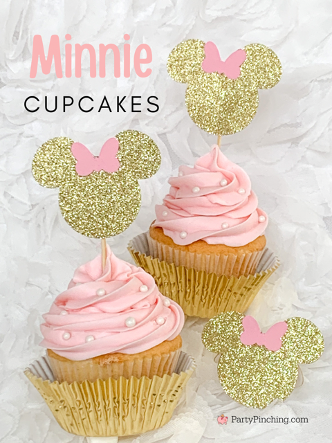 Minnie mouse cupcakes, minnie mouse cupcake toppers pink gold, Minnie Mouse Ferrero Rocher candy, pink gold Minnie Mouse party, Minnie mouse baby shower theme pink gold, Minnie mouse birthday pink gold, Minnie mouse first birthday, best baby shower ideas, best minnie mouse treat ideas