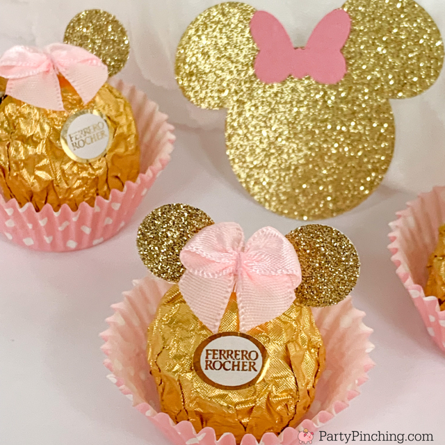 Minnie Mouse Ferrero Rocher candy, pink gold Minnie Mouse party, Minnie mouse baby shower theme pink gold, Minnie mouse birthday pink gold, Minnie mouse first birthday, best baby shower ideas, best minnie mouse treat ideas