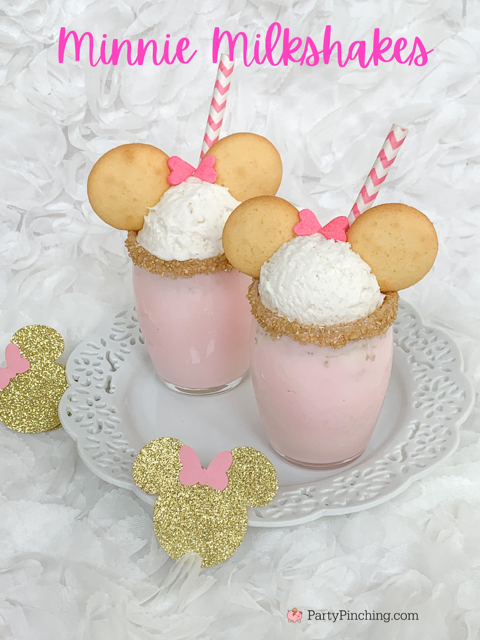 Minnie Mouse strawberry milkshakes, mini Minnie shakes, Minnie Mouse Ferrero Rocher candy, pink gold Minnie Mouse party, Minnie mouse baby shower theme pink gold, Minnie mouse birthday pink gold, Minnie mouse first birthday, best baby shower ideas, best minnie mouse treat ideas