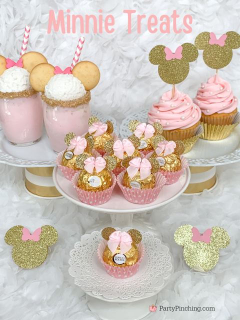 Minnie Mouse Ferrero Rocher candy, pink gold Minnie Mouse party, Minnie mouse baby shower theme pink gold, Minnie mouse birthday pink gold, Minnie mouse first birthday, best baby shower ideas, best minnie mouse treat ideas