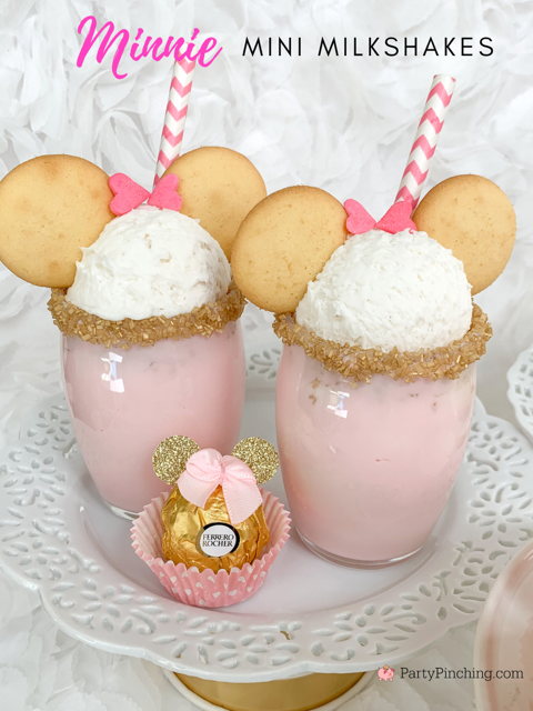 minnie mouse milkshakes, best strawberry milkshakes, mini milkshakes, nilla wafers, cute milkshake, pink milkshake, best minnie mouse disney party ideas