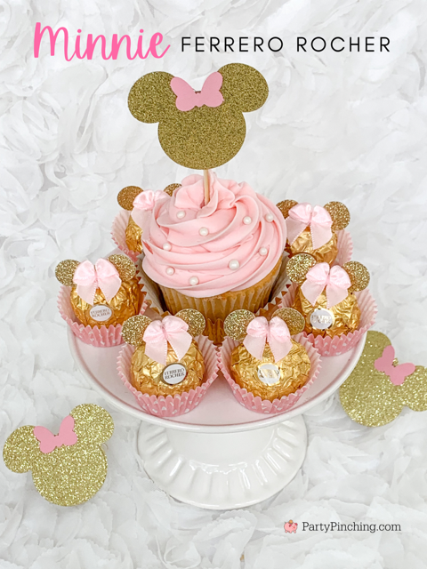 Minnie Mouse cupcakes, Minnie Mouse Ferrero Rocher candy, pink gold Minnie Mouse party, Minnie mouse baby shower theme pink gold, Minnie mouse birthday pink gold, Minnie mouse first birthday, best baby shower ideas, best minnie mouse treat ideas