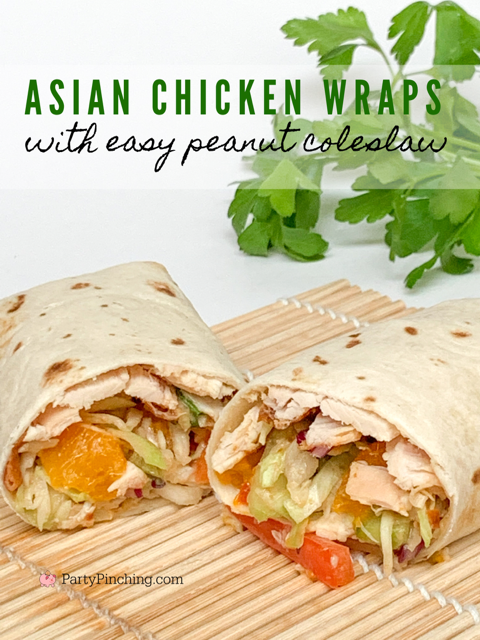 Asian chicken wrap, best asian chicken wrap, chicken sandwich, chicken roll up, tortilla wrap chicken, asian coleslaw recipe, easiest asian chicken coleslaw with peanut sauce dressing