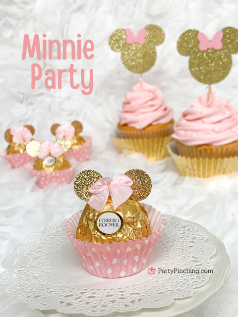 Minnie Mouse Ferrero Rocher candy, pink gold Minnie Mouse party, Minnie mouse baby shower theme pink gold, Minnie mouse birthday pink gold, Minnie mouse first birthday, best baby shower ideas, best minnie mouse treat ideas