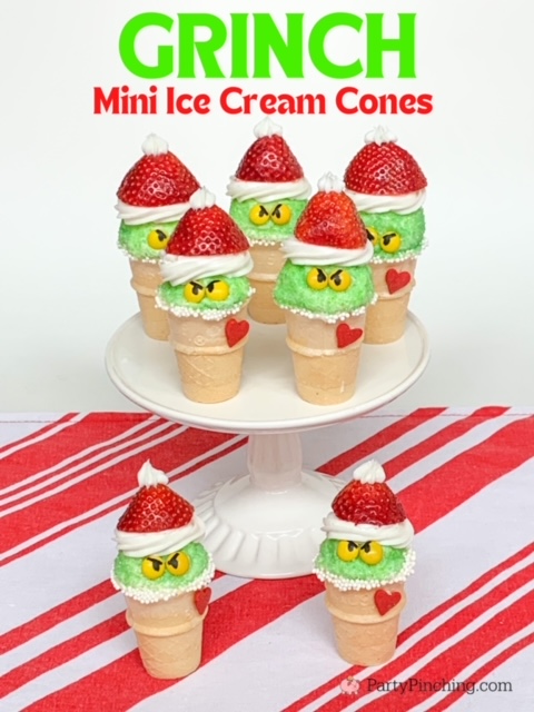 grinch food, grinch treats, grinch party ideas, grinch snacks, grinch movie dessert, grinch mini ice cream cones, cute grinch food, the grinch who stole christmas movie, christmas family movie night snacks, green grinch food, easy grinch food ideas, best easy grinch food dessert treat snack recipe ideas for kids movie night