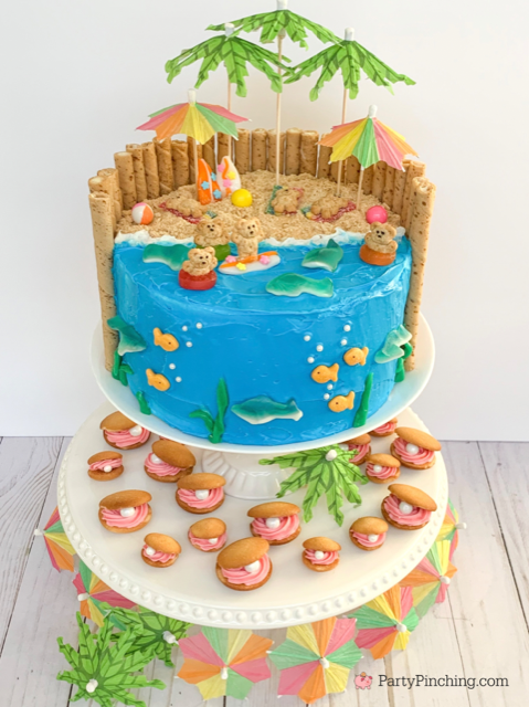 Sea and summer time theme for party or birthday. Collage of five pictures  of sweets, cupcakes, pop cakes Stock Photo - Alamy