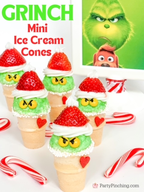 grinch food, grinch party ideas, grinch treats, grinch snacks, grinch movie dessert, grinch mini ice cream cones, cute grinch food, the grinch who stole christmas movie, christmas family movie night snacks, green grinch food, easy grinch food ideas, best easy grinch food dessert treat snack recipe ideas for kids movie night