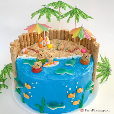beach party cake, easy teddy graham beach cake, shark week party ideas