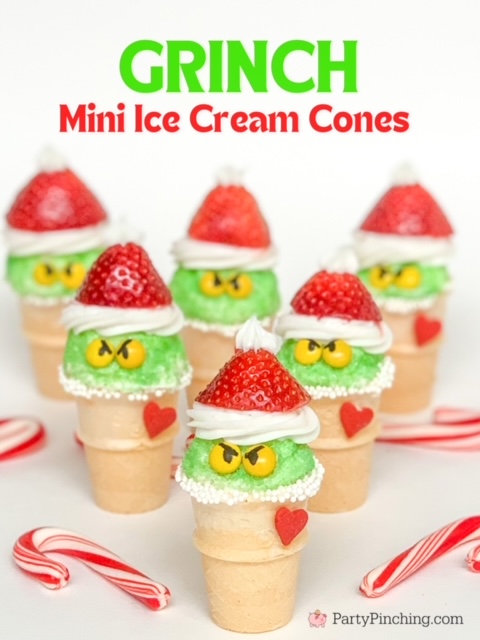 grinch food, grinch party ideas, grinch treats, grinch snacks, grinch movie dessert, grinch mini ice cream cones, cute grinch food, the grinch who stole christmas movie, christmas family movie night snacks, green grinch food, easy grinch food ideas, best easy grinch food dessert treat snack recipe ideas for kids movie night